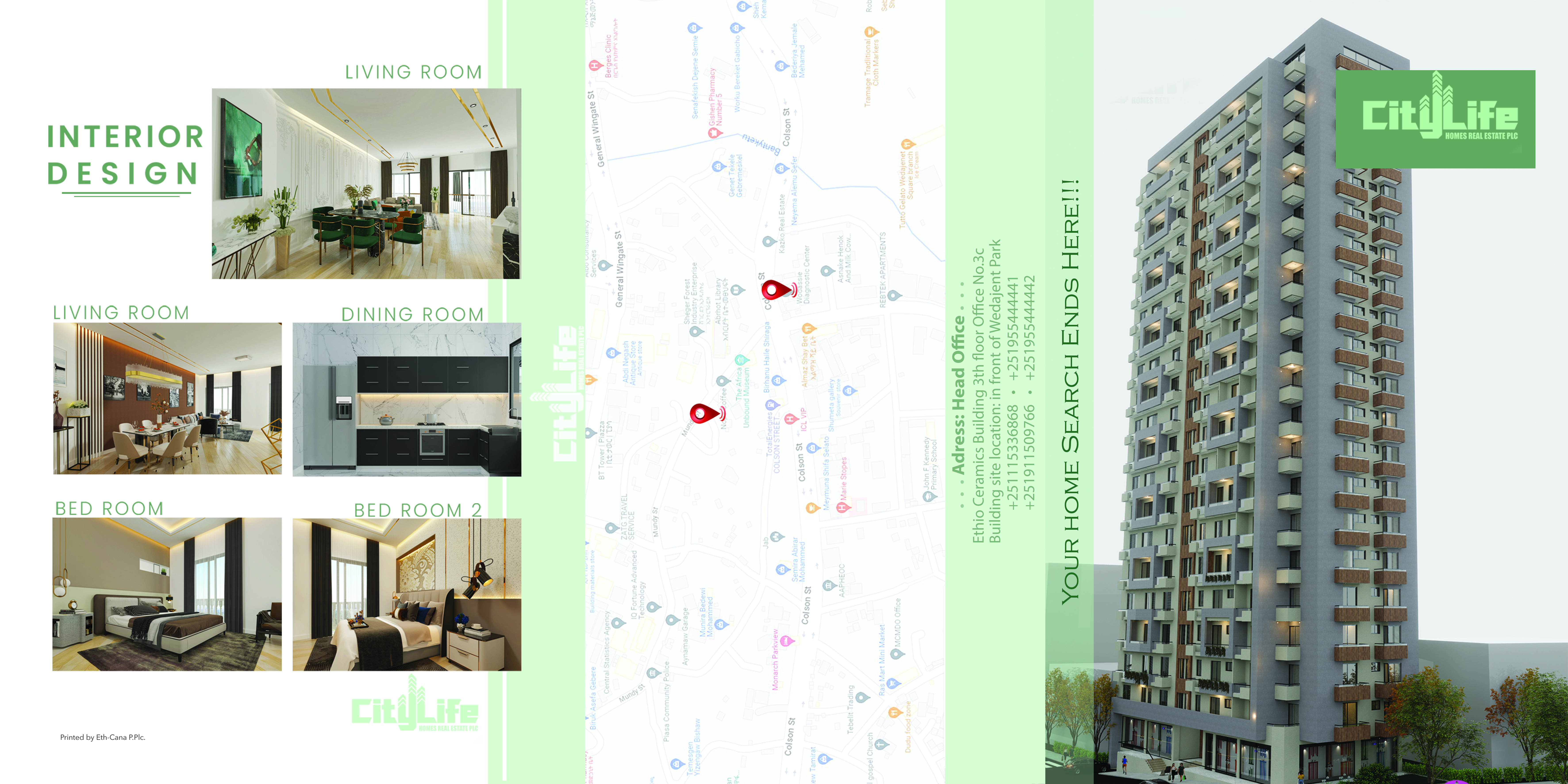 City Life real estate brochure showing apartment renderings, interiors, and location map
