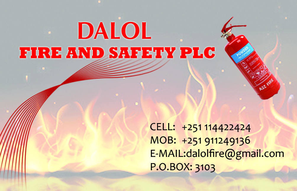 Dalol Fire and Safety business card with flame background and extinguisher illustration