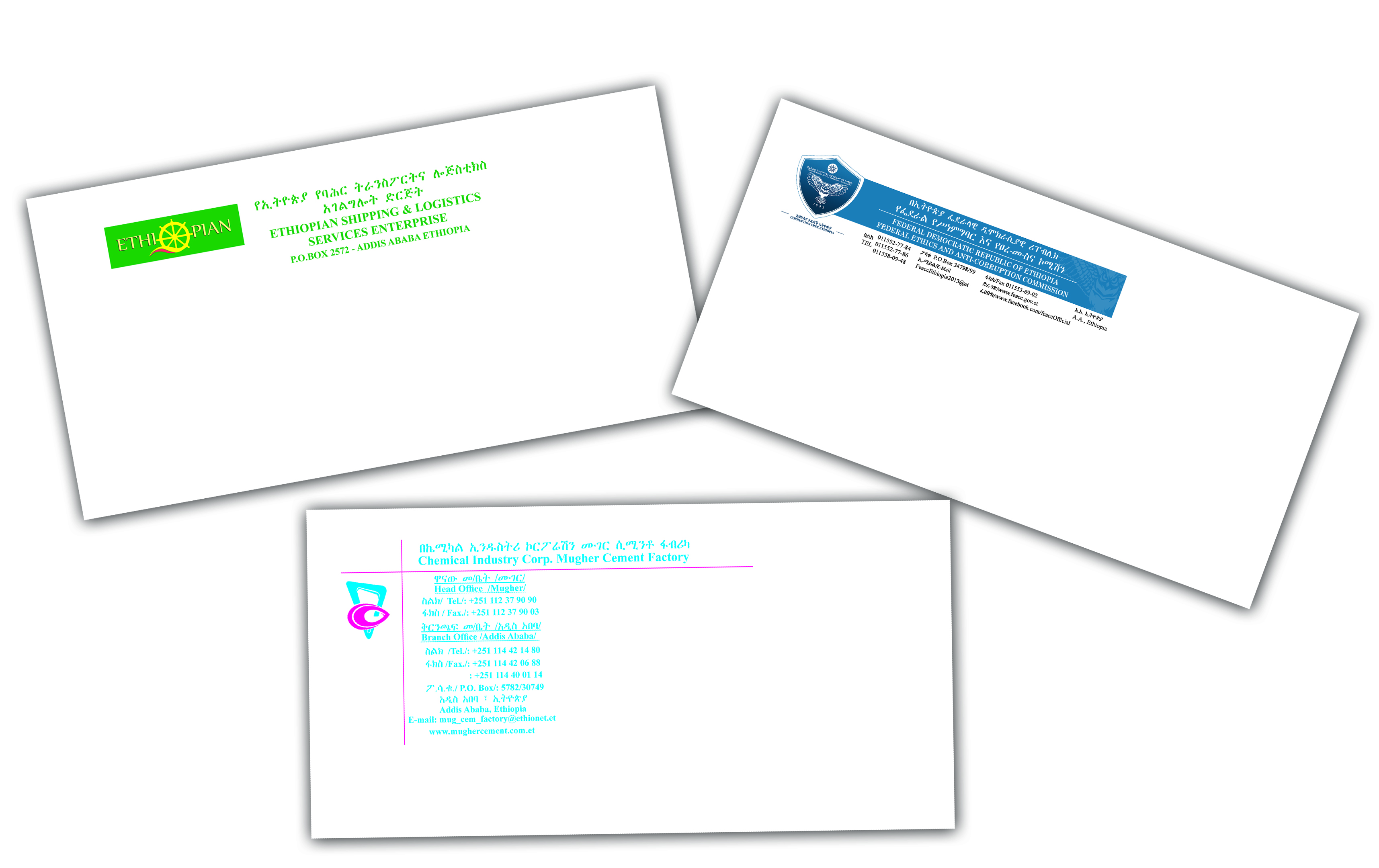 Printed business envelopes for multiple organizations with branded return address areas