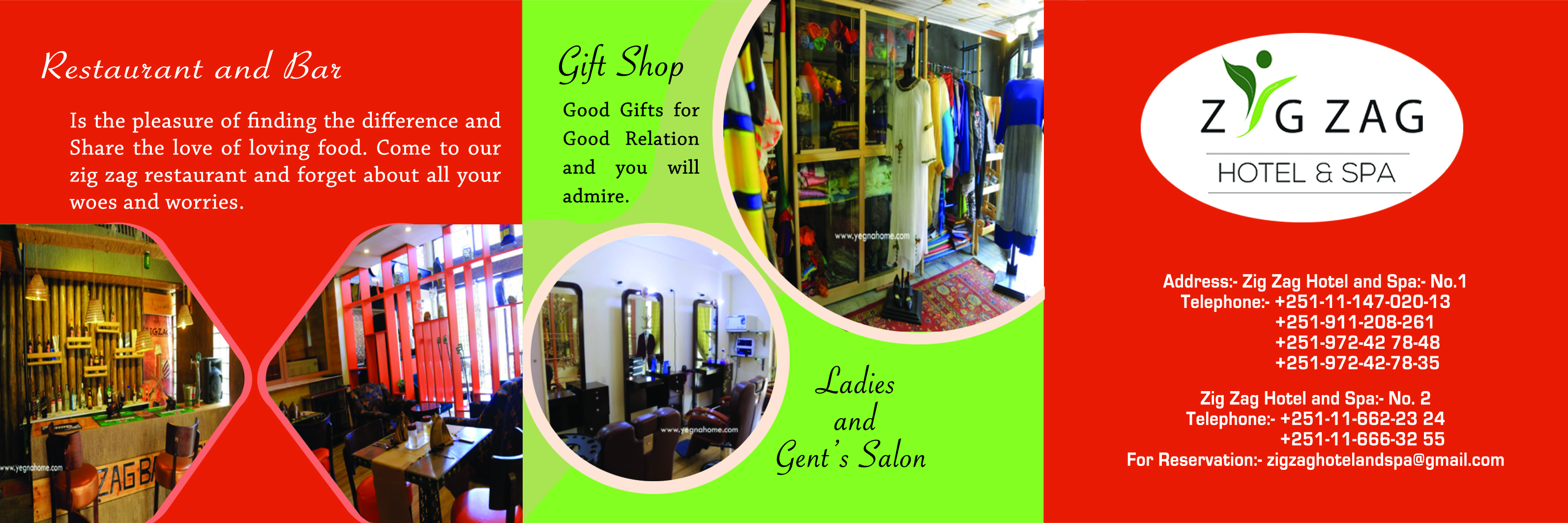 Zig Zag Hotel and Spa brochure featuring hospitality spaces, gift shop, and contact information